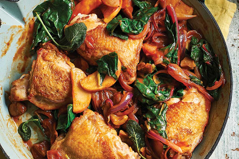 Recipe: Dr Rupy’s Chicken thighs with red onion, apple and chestnuts