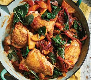 Recipe: Dr Rupy’s Chicken thighs with red onion, apple and chestnuts